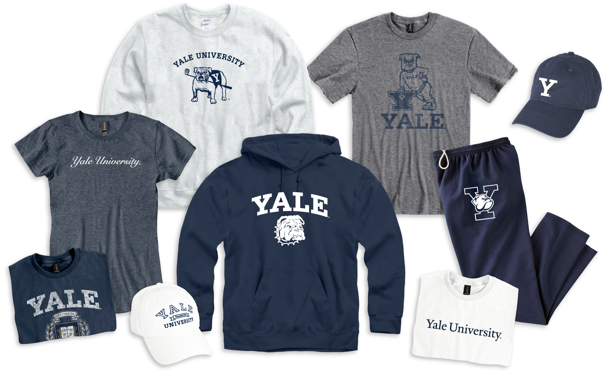 Yale-Collection: Assortment of 9 garments decorated with Yale University art